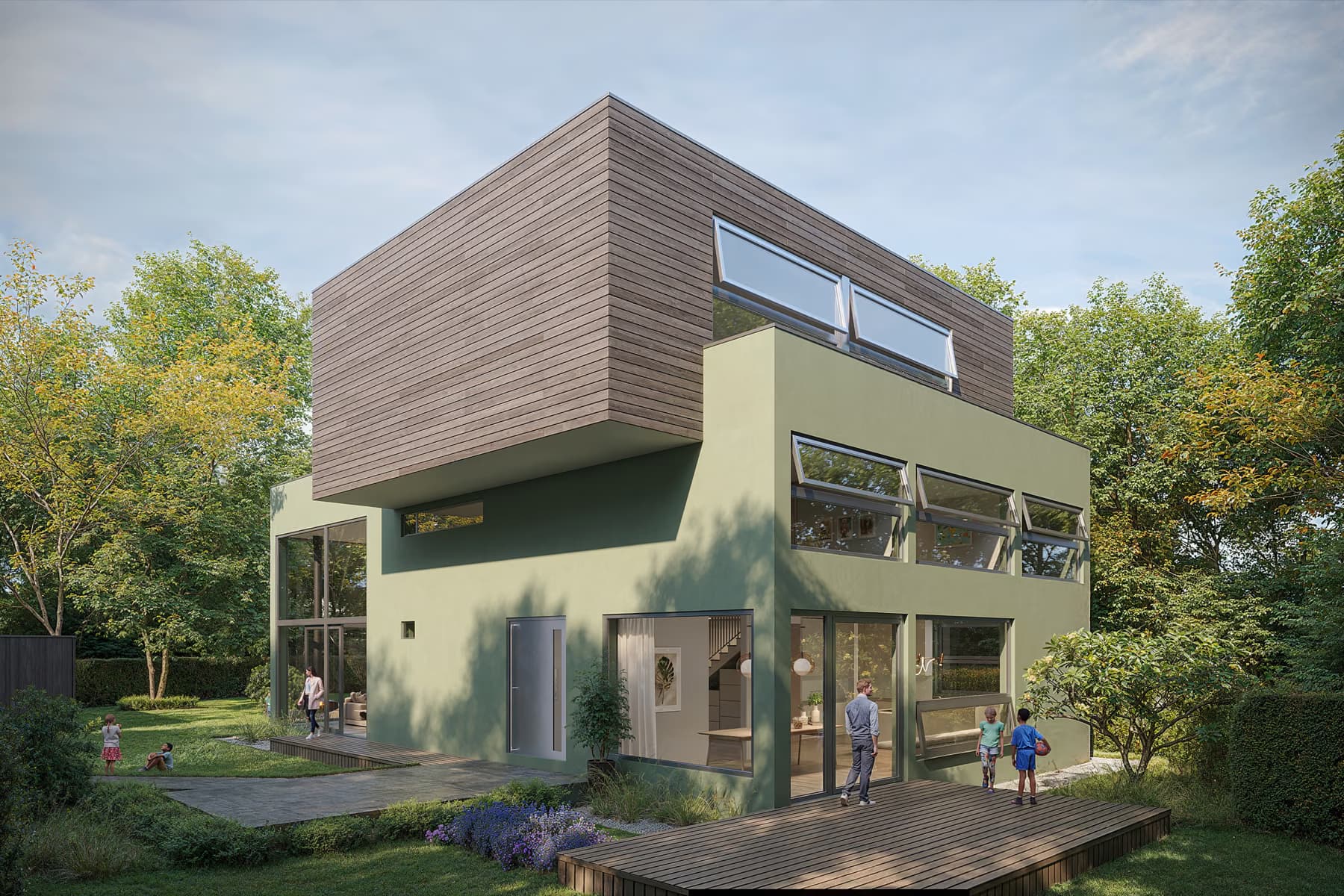 Architektur-Render, modernes Haus mit Holzfassade