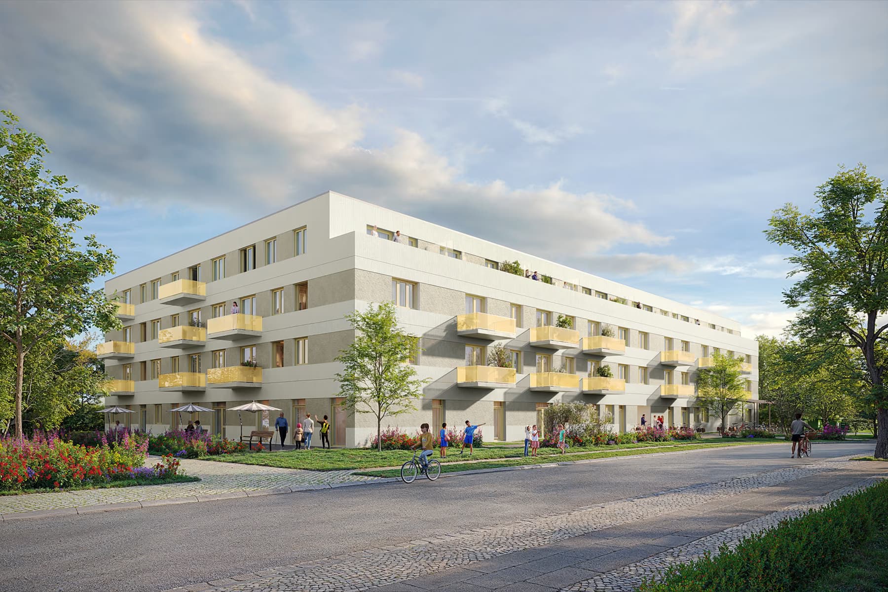 Architektur-Render, Backsteingebäude mit Gartenterrasse