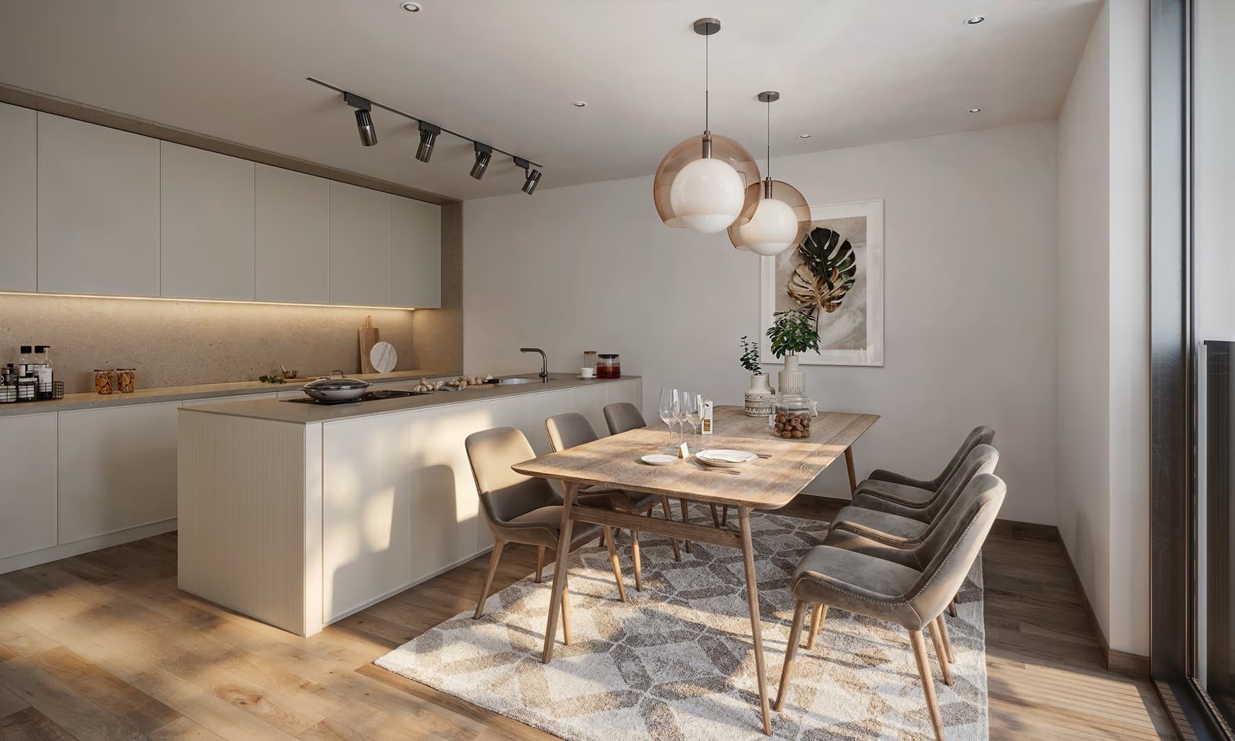 Architektur-Render, Küche mit Kochinsel
