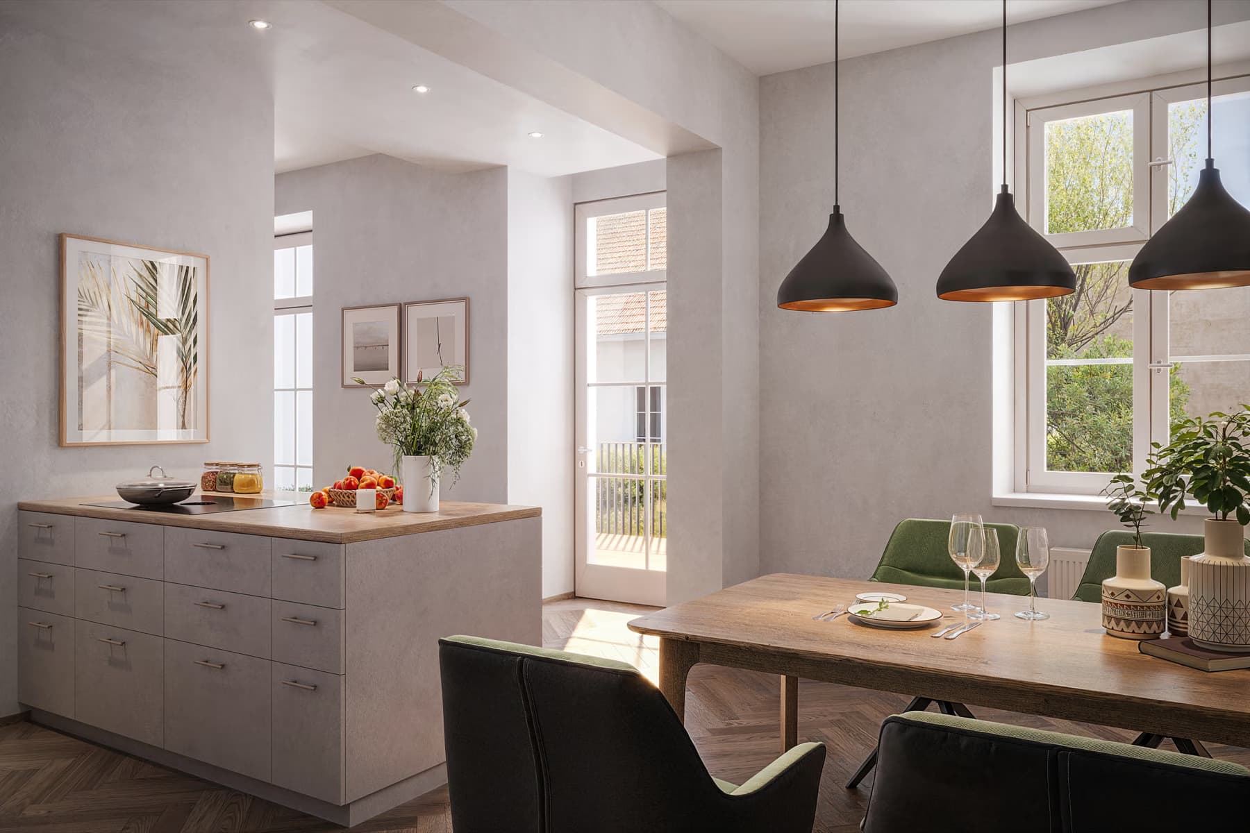 Architektur-Render, helles Wohnzimmer