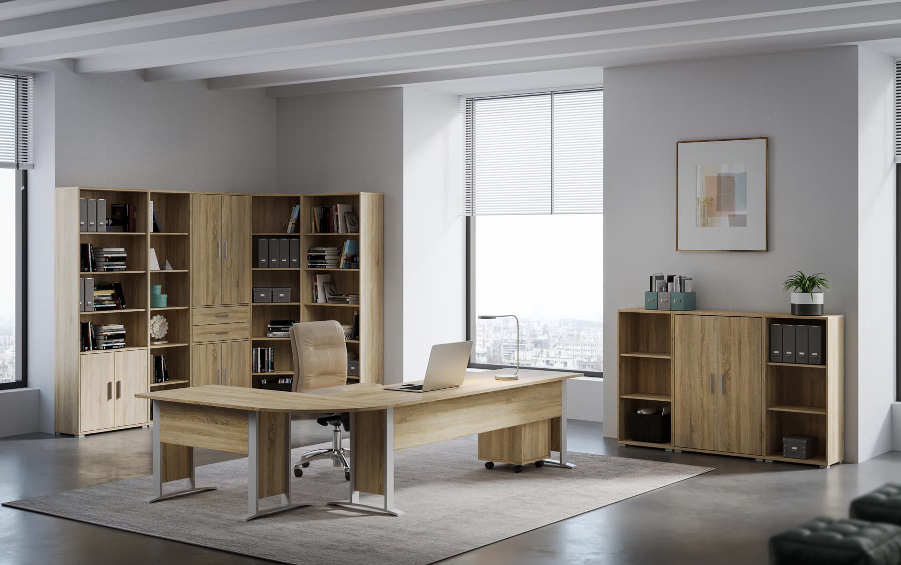 3D-Raumszene, Büro mit Schreibtischen