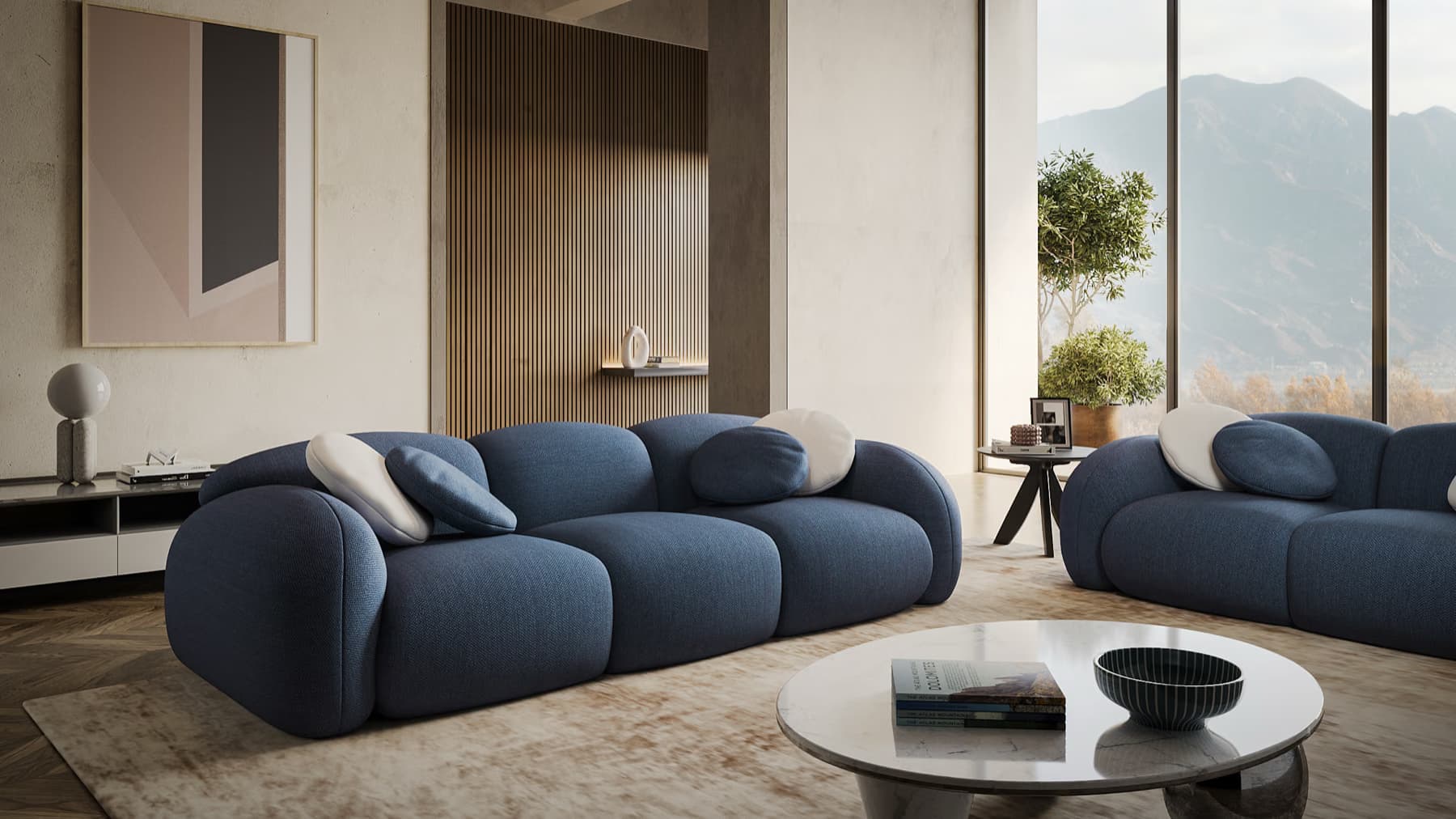 3D-Raumszene, Ecksofa mit Bergsicht